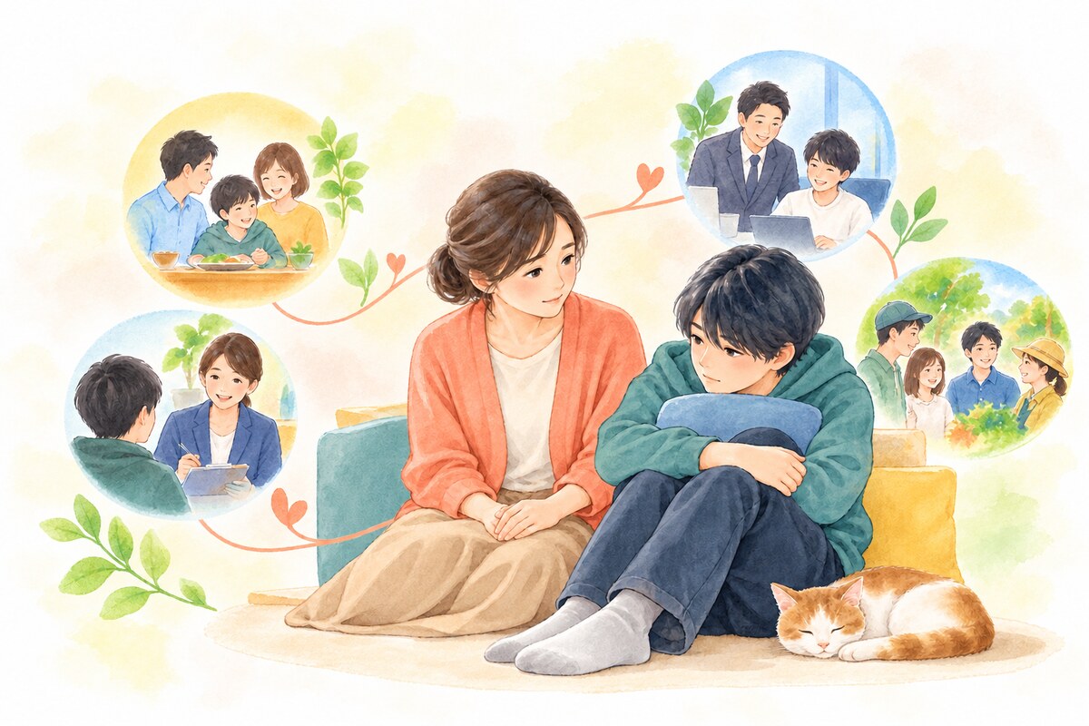 悩みを抱える親子と、相談・仕事・地域の支援につながる様子